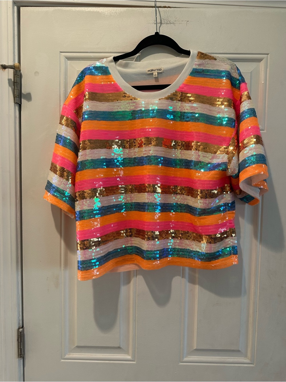 Main Strip Multicolor Sequin Striped Tee w— Pink, Orange, Teal, Gold & White